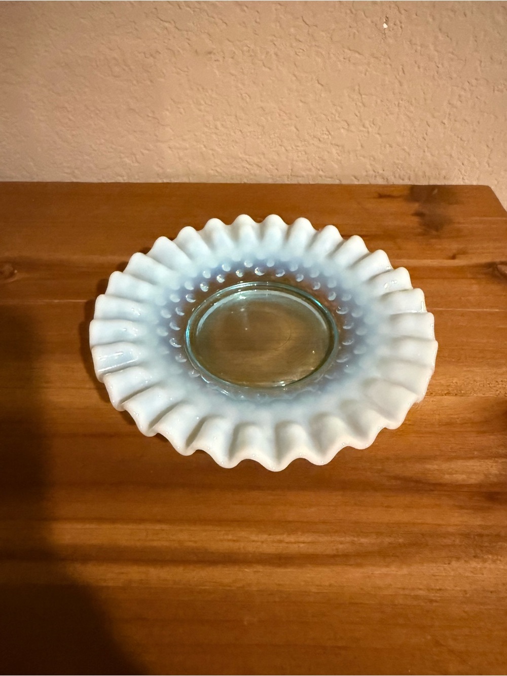 Fenton White Opalescent Hobnail Ruffled Glass Dish